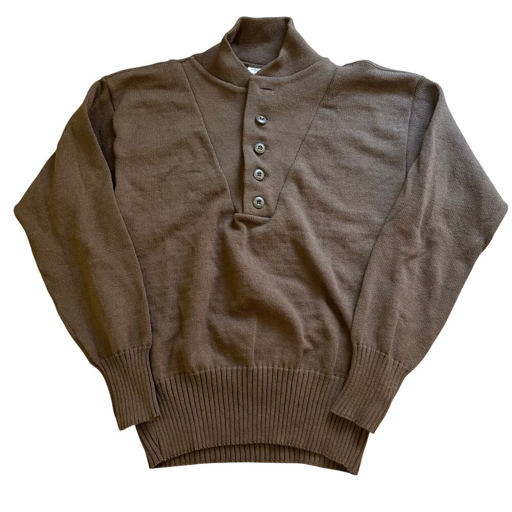 US Military Henley Wool OD Sweater 5 Button Pullover Brown Size Large Vintage